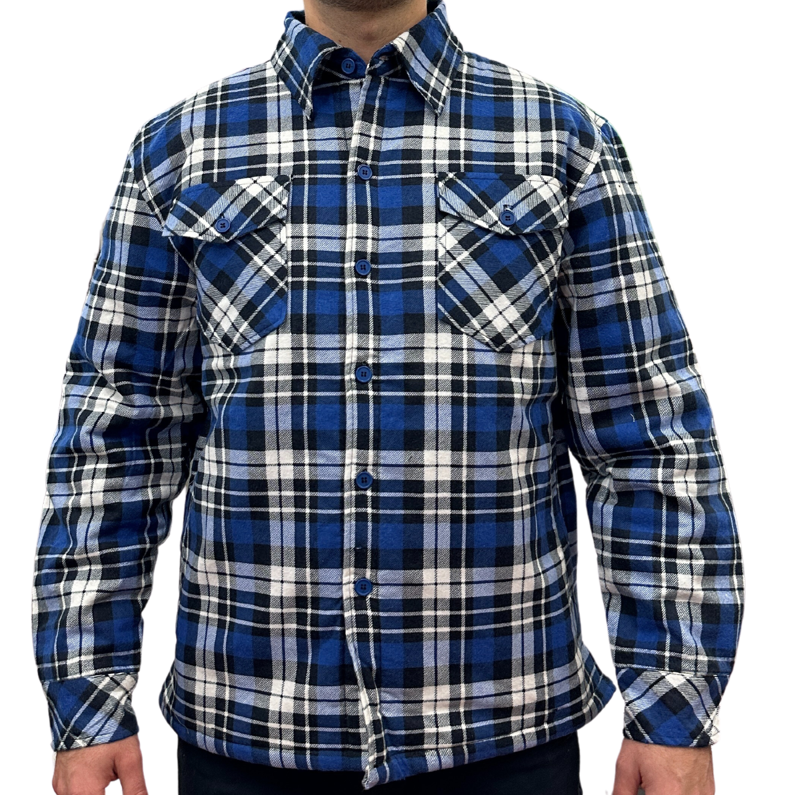 Mens QUILTED FLANNELETTE SHIRT 100% COTTON Flannel Jacket Padded Long Sleeve - Black/Navy/White (Quilted) - S V563-QFS-BLK_NVY_WHT_QLTD-S