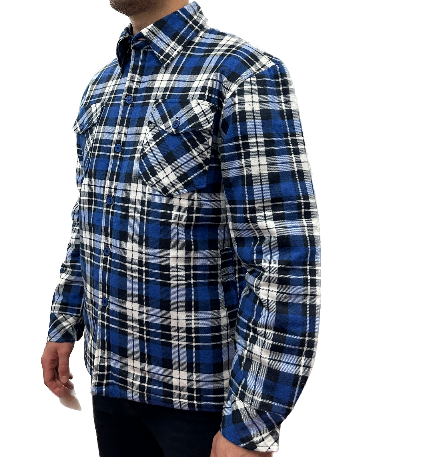 Mens QUILTED FLANNELETTE SHIRT 100% COTTON Flannel Jacket Padded Long Sleeve - Black/Navy/White (Quilted) - S V563-QFS-BLK_NVY_WHT_QLTD-S