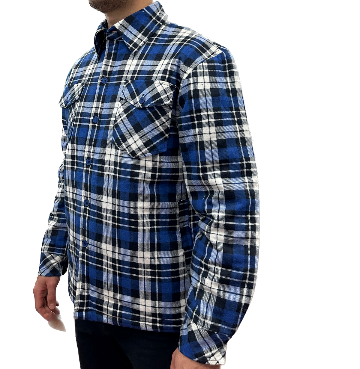 Mens QUILTED FLANNELETTE SHIRT 100% COTTON Flannel Jacket Padded Long Sleeve - Black/Navy/White (Quilted) - S V563-QFS-BLK_NVY_WHT_QLTD-S