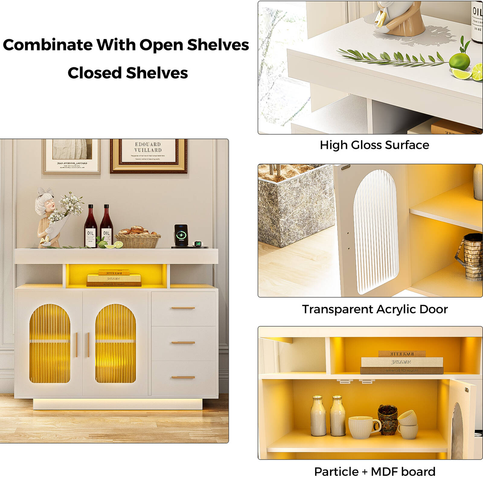 Buffet Sideboard Cabinet With RGB LED Light and Charging Station Console Coffee Bar White V563-QH-9217-25