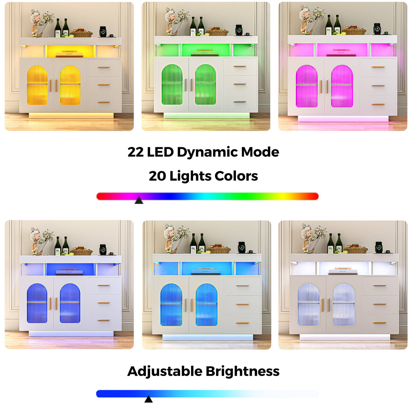 Buffet Sideboard Cabinet With RGB LED Light and Charging Station Console Coffee Bar White V563-QH-9217-25