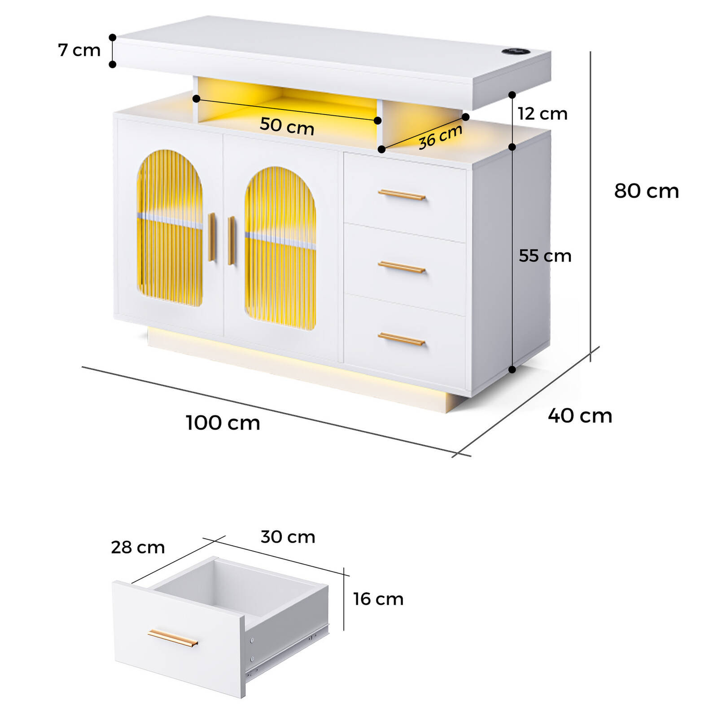 Buffet Sideboard Cabinet With RGB LED Light and Charging Station Console Coffee Bar White V563-QH-9217-25