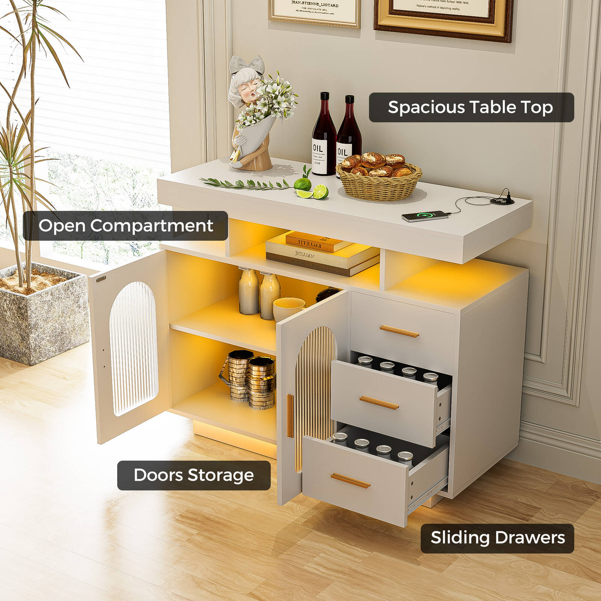 Buffet Sideboard Cabinet With RGB LED Light and Charging Station Console Coffee Bar White V563-QH-9217-25