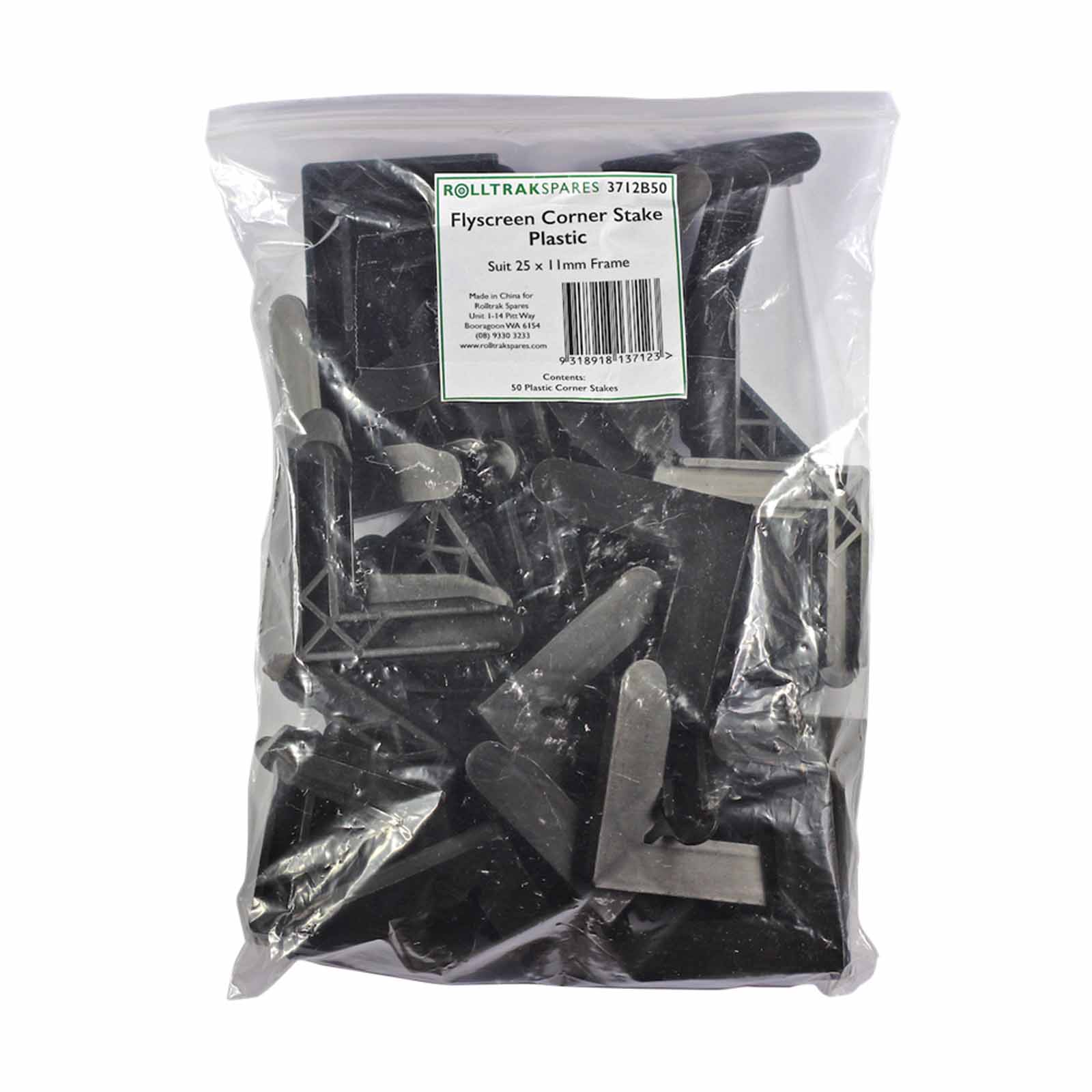 11x25mm Rolltrak Flyscreen Corner Stake (1 pack of 50) Black Plastic V563-R3712B50