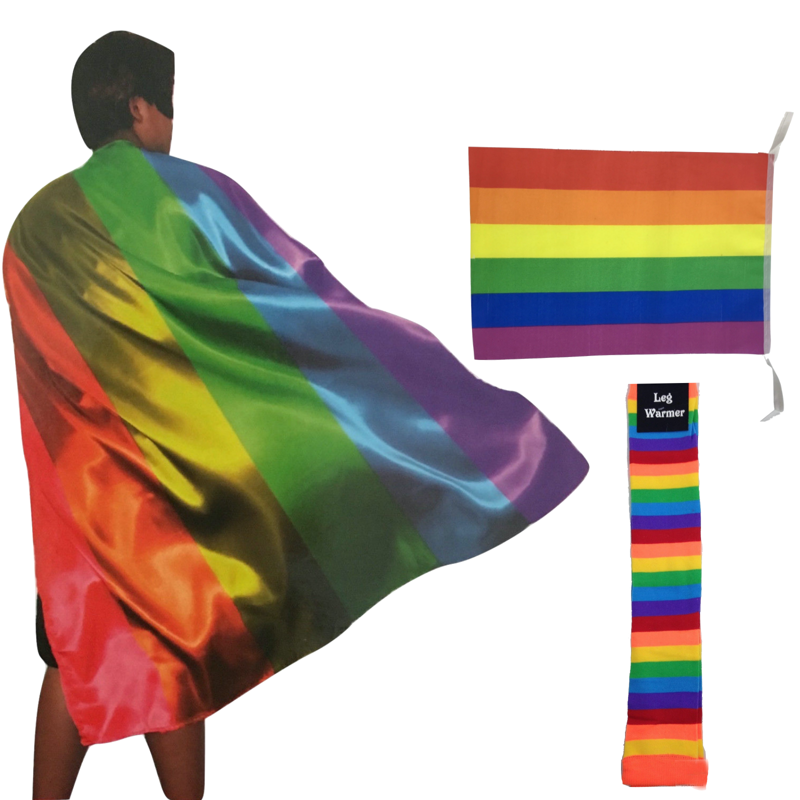 3x Set Rainbow Leg Warmers + Deluxe Cape + Bunting Flag Lesbian Gay Costume V563-RAINBOWCAPEFLAGLWARMR_SET