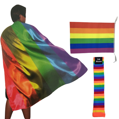 3x Set Rainbow Leg Warmers + Deluxe Cape + Bunting Flag Lesbian Gay Costume V563-RAINBOWCAPEFLAGLWARMR_SET
