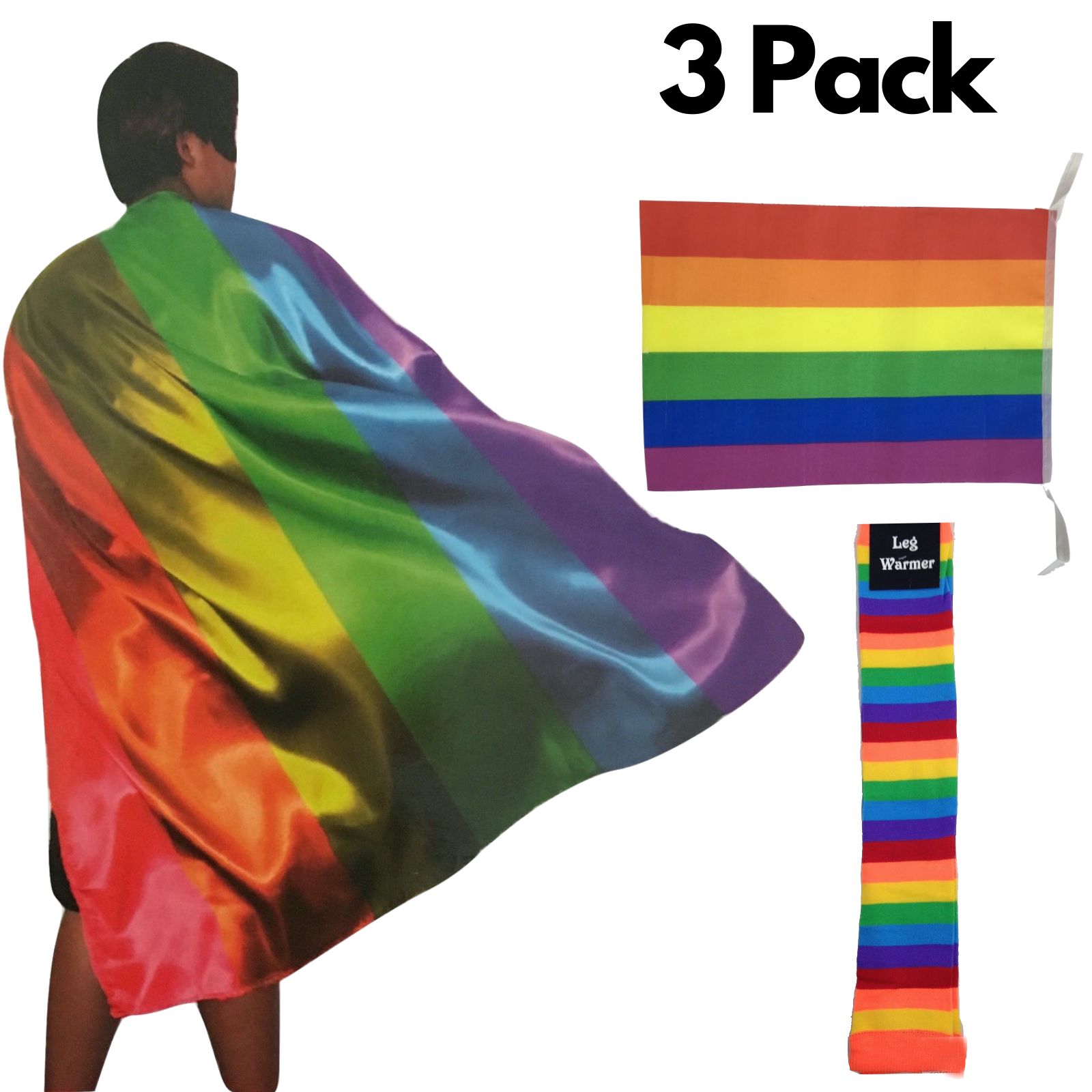 3x Set Rainbow Leg Warmers + Deluxe Cape + Bunting Flag Lesbian Gay Costume V563-RAINBOWCAPEFLAGLWARMR_SET
