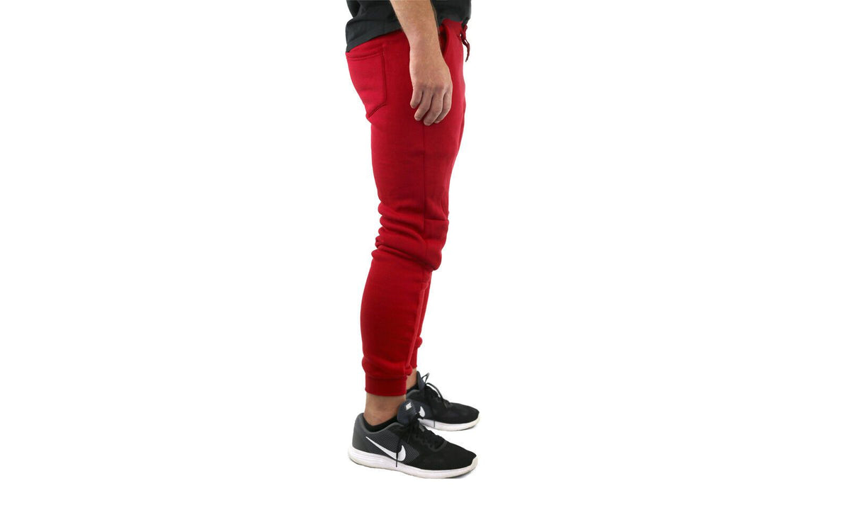 Mens Skinny Track Pants Joggers Trousers Gym Casual Sweat Cuffed Slim Trackies Fleece - Red - L