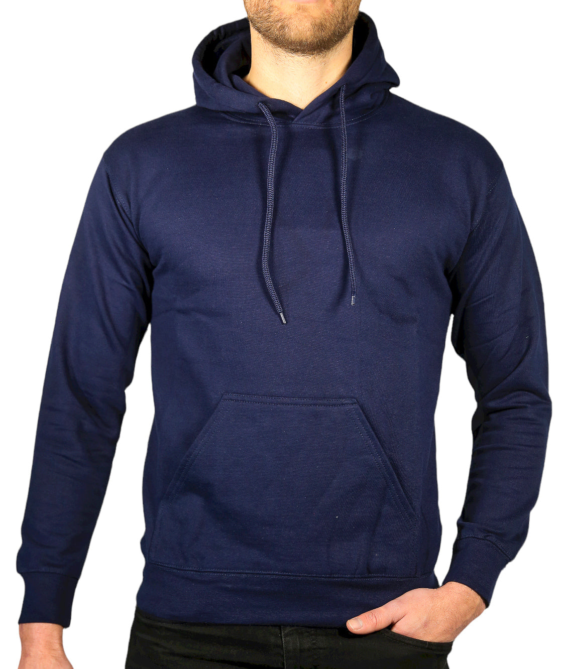 Mens Hoodie 100% Cotton Fleece Pullover Sweatshirt Warm Jumper - Navy - L V563-SANNFIELD-NVY-L