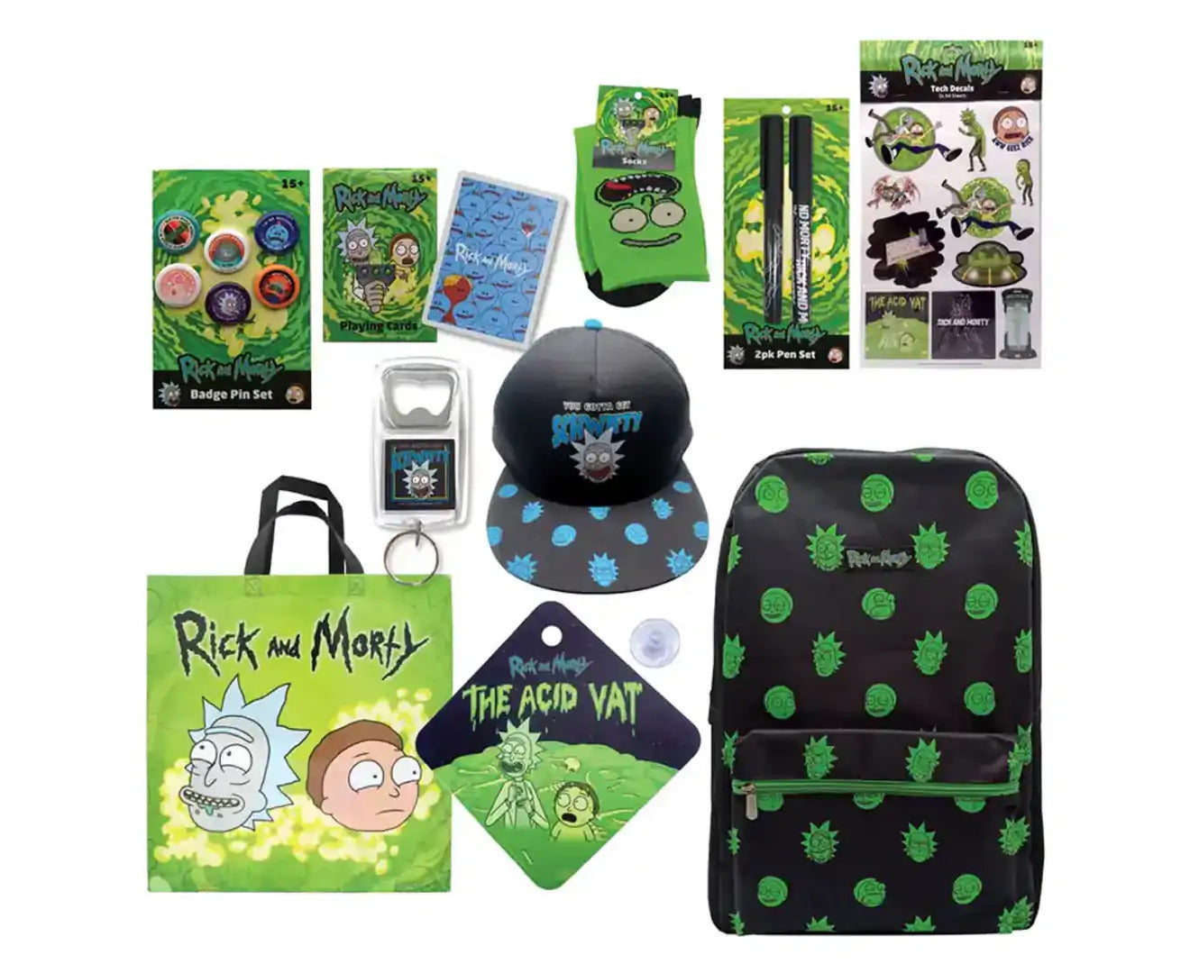 Rick & Morty Showbag 22 w/ Backpack/Keyring/Socks/Hat/Pens/Pin Set/Playing Cards V563-SBRAM22