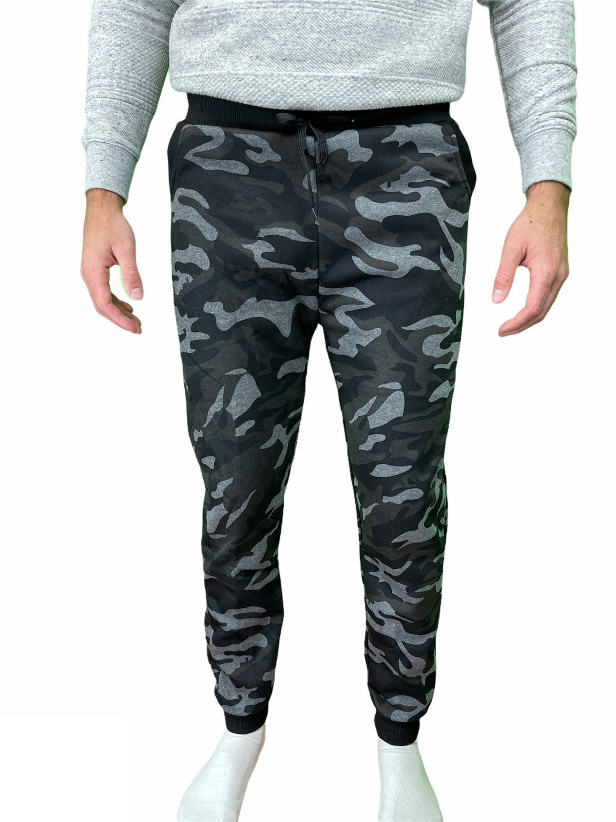 Mens Camouflage Track Pants Fleece Lined Jogger Camo Sweatpants Trackies - Black/Grey - Small/Medium V563-SLIMARMY-CAMO-BLK-S_M