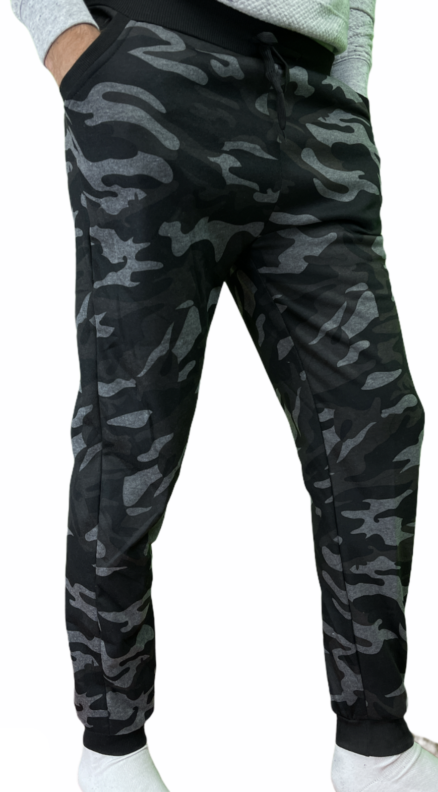 Mens Camouflage Track Pants Fleece Lined Jogger Camo Sweatpants Trackies - Black/Grey - Small/Medium V563-SLIMARMY-CAMO-BLK-S_M