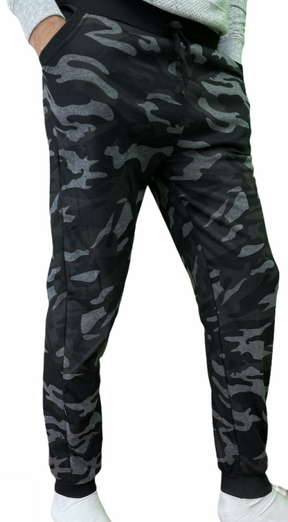 Mens Camouflage Track Pants Fleece Lined Jogger Camo Sweatpants Trackies - Black/Grey - Small/Medium V563-SLIMARMY-CAMO-BLK-S_M