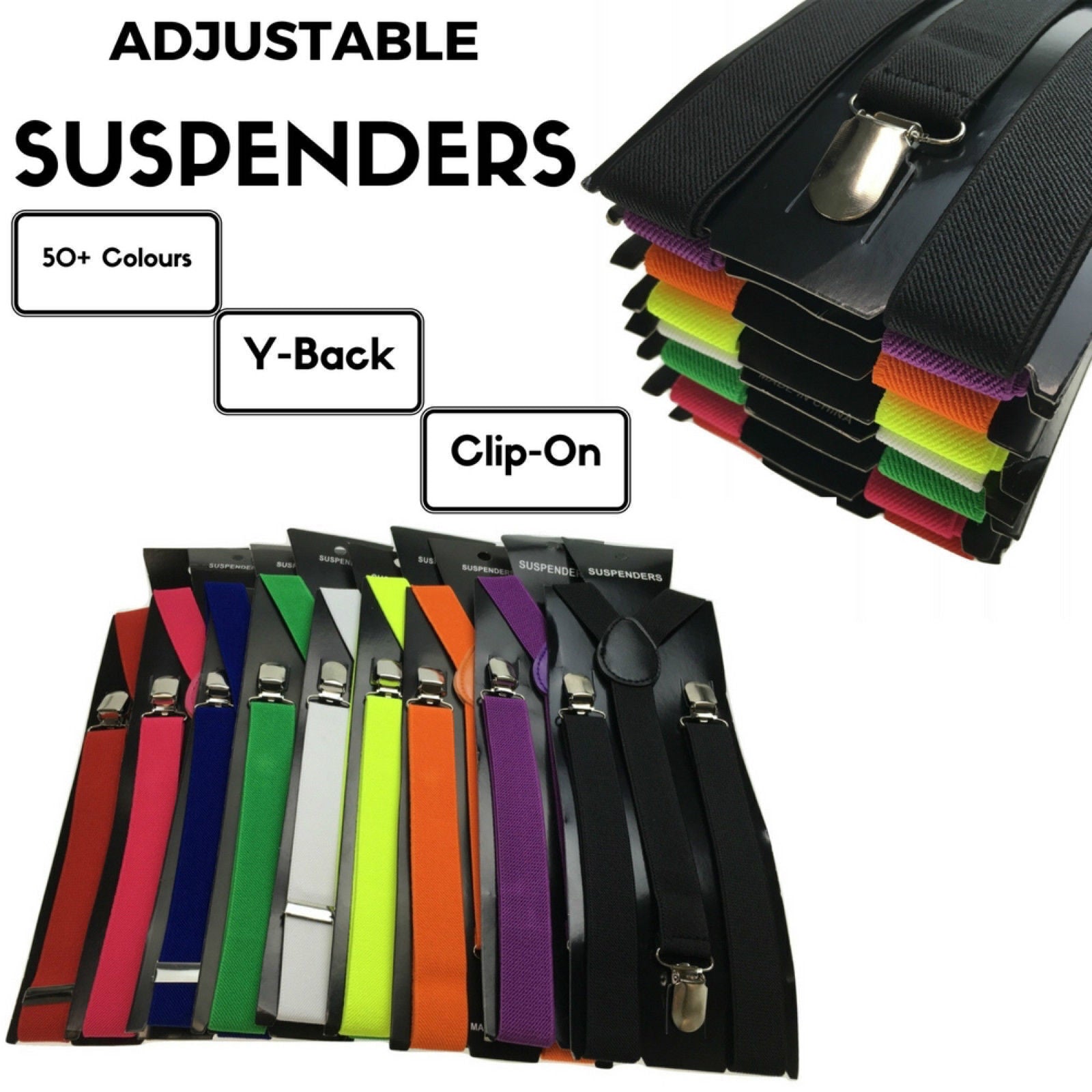 Mens Suspenders Braces Adjustable Strong Clip On Elastic Formal Wedding Slim - Black/Yellow Check V563-SLIMSUSPENDERS-BLKYLWCHK