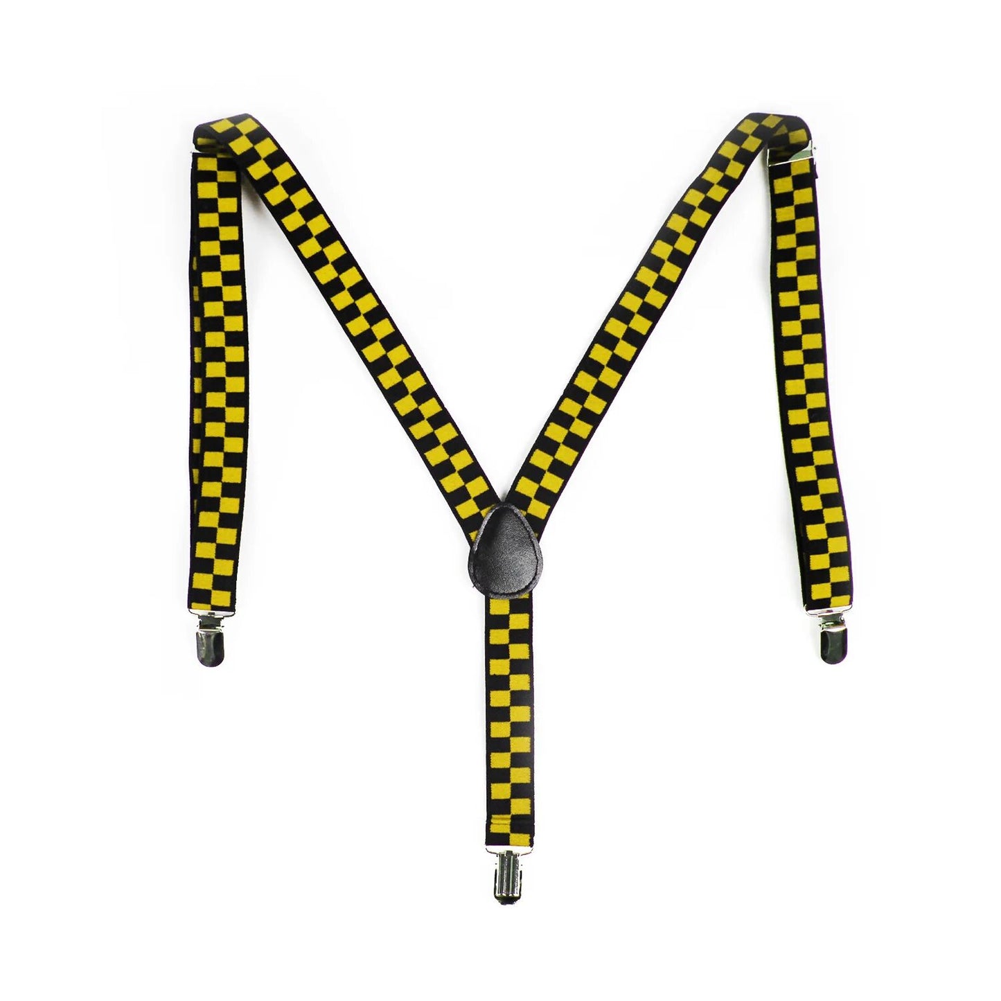 Mens Suspenders Braces Adjustable Strong Clip On Elastic Formal Wedding Slim - Black/Yellow Check V563-SLIMSUSPENDERS-BLKYLWCHK