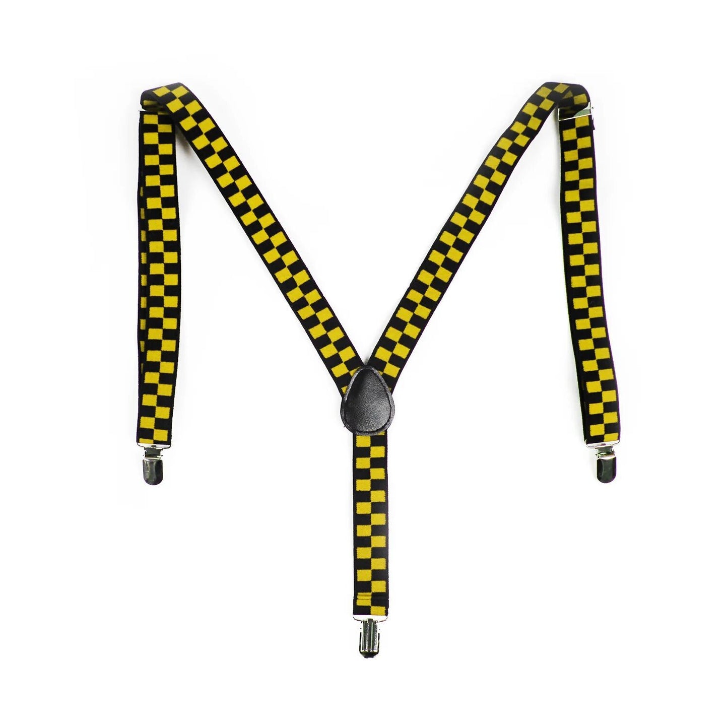 Mens Suspenders Braces Adjustable Strong Clip On Elastic Formal Wedding Slim - Black/Yellow Check V563-SLIMSUSPENDERS-BLKYLWCHK