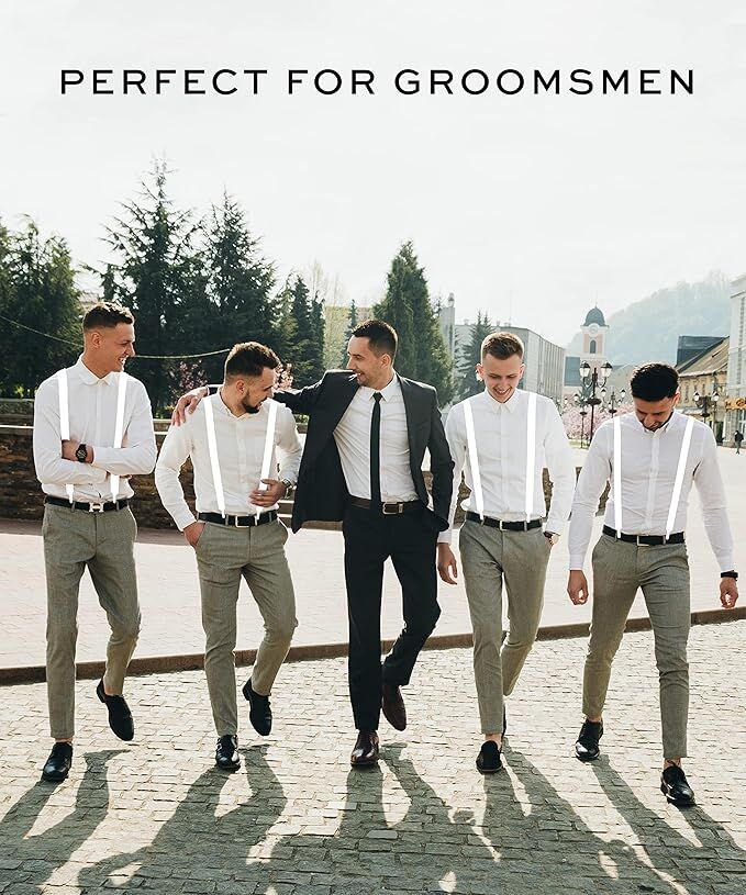 Mens Suspenders Braces Adjustable Strong Clip On Elastic Formal Wedding Slim - White V563-SLIMSUSPENDERS-WHT