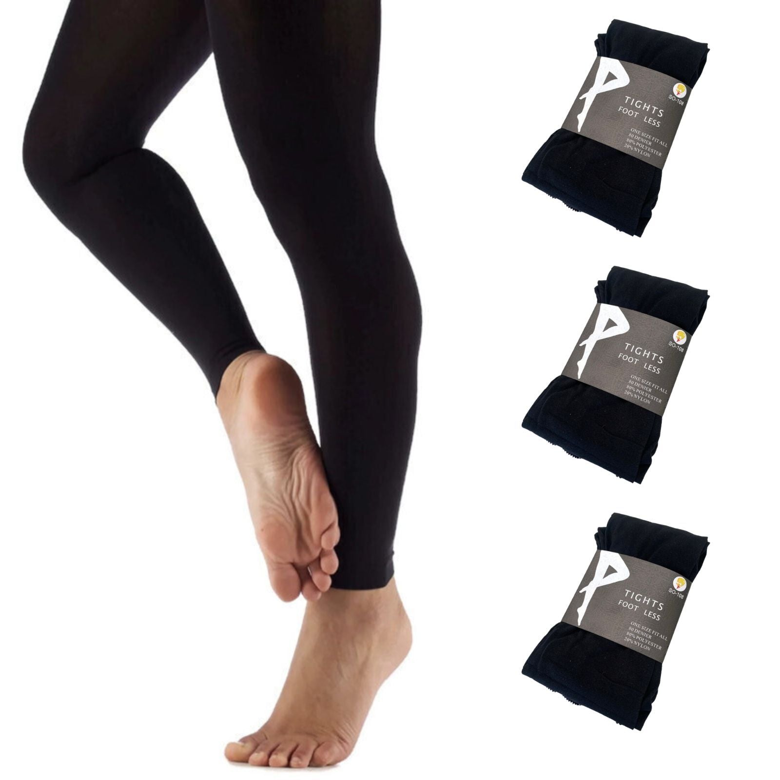 3x Womens Ladies Footless Tights Stockings Pantyhose Leg Hosiery Thermal - Black V563-SO-108-3PCS