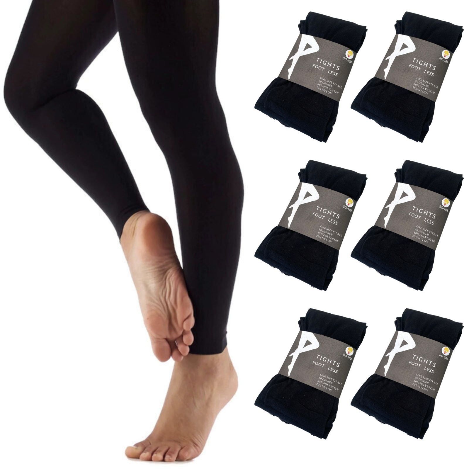 6x Womens Ladies Footless Tights Stockings Pantyhose Leg Hosiery Thermal - Black V563-SO-108-6PCS
