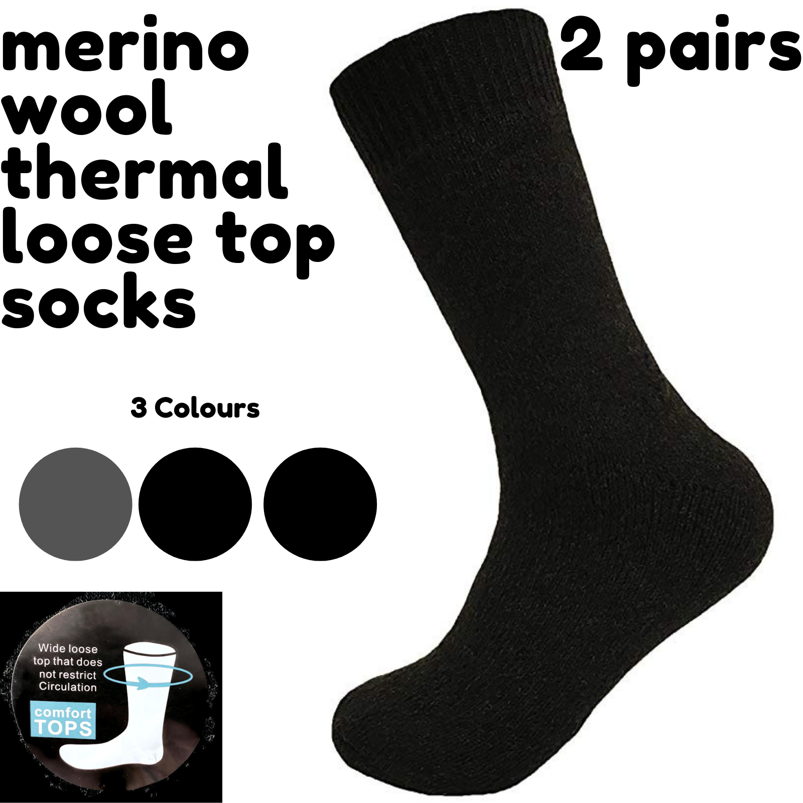 Merino Wool Mens Thermal Diabetic Socks Loose Top Circulation 2 Pairs - Black - 2-8