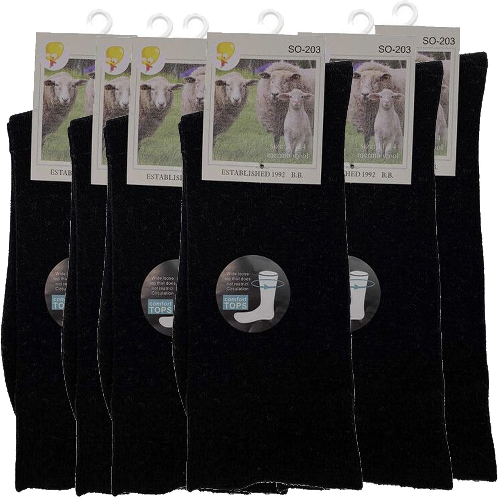 Merino Wool Mens Thermal Diabetic Socks Loose Top Circulation 6 Pairs - Black - 2-8