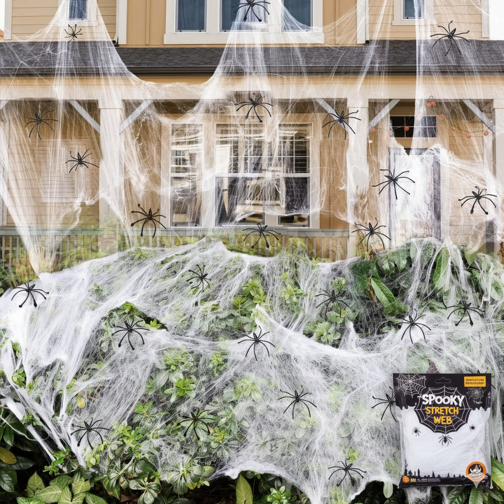 HALLOWEEN STRETCHABLE SPIDER WEB Spooky Decoration with Spiders Party Decor Ghost V563-SPIDERWEB-1PACKET