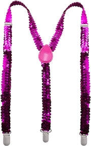 SEQUIN SUSPENDERS Unisex Adjustable Braces Clip On Elastic Y-Back - Hot Pink V563-SQNSUSPENDERS-HOTPNK