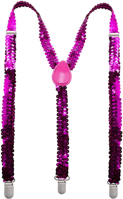 SEQUIN SUSPENDERS Unisex Adjustable Braces Clip On Elastic Y-Back - Hot Pink V563-SQNSUSPENDERS-HOTPNK
