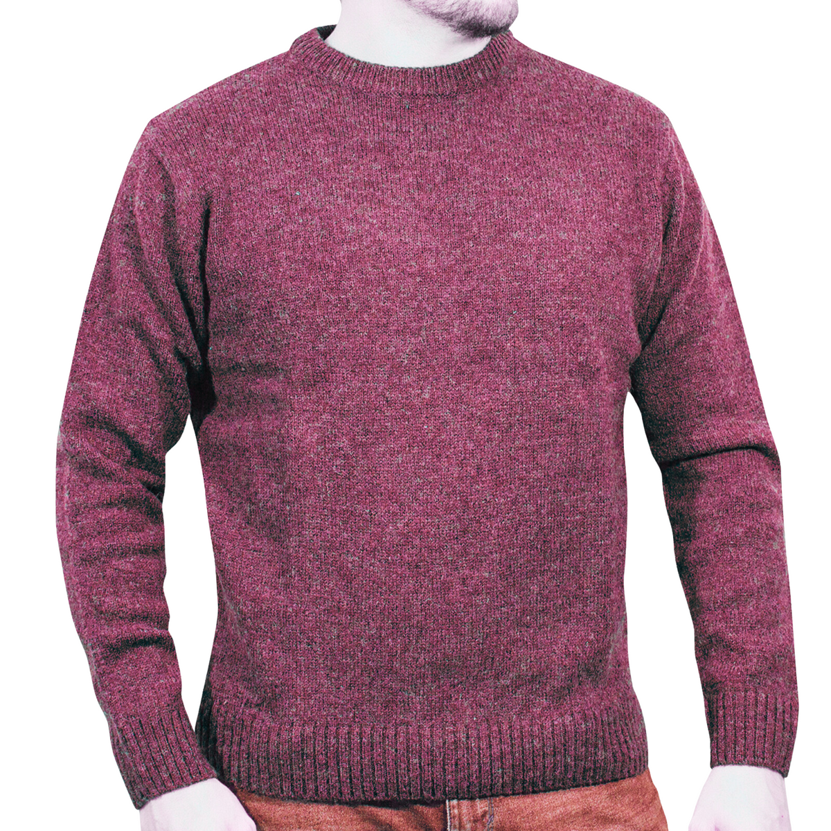 100% SHETLAND RAGG WOOL CREW Round Neck Knit JUMPER Pullover Mens Sweater Knitted - Burgundy - L V563-SW-CN-BRGNDY97-L