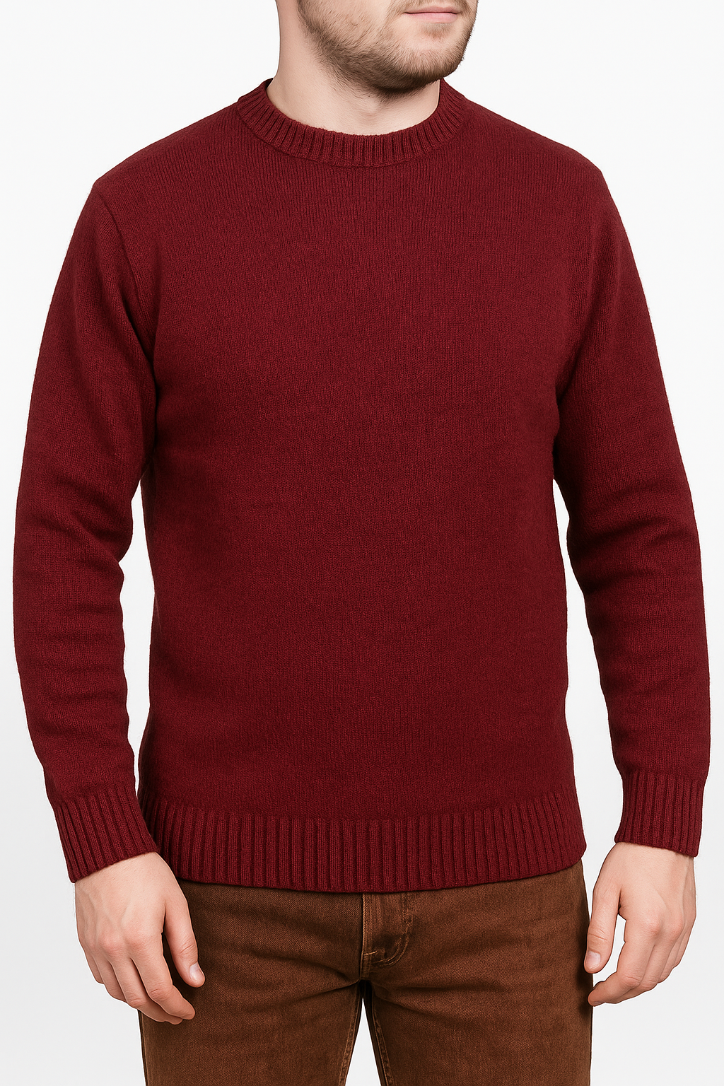 100% SHETLAND RAGG WOOL CREW Round Neck Knit JUMPER Pullover Mens Sweater Knitted - Burgundy - XXL