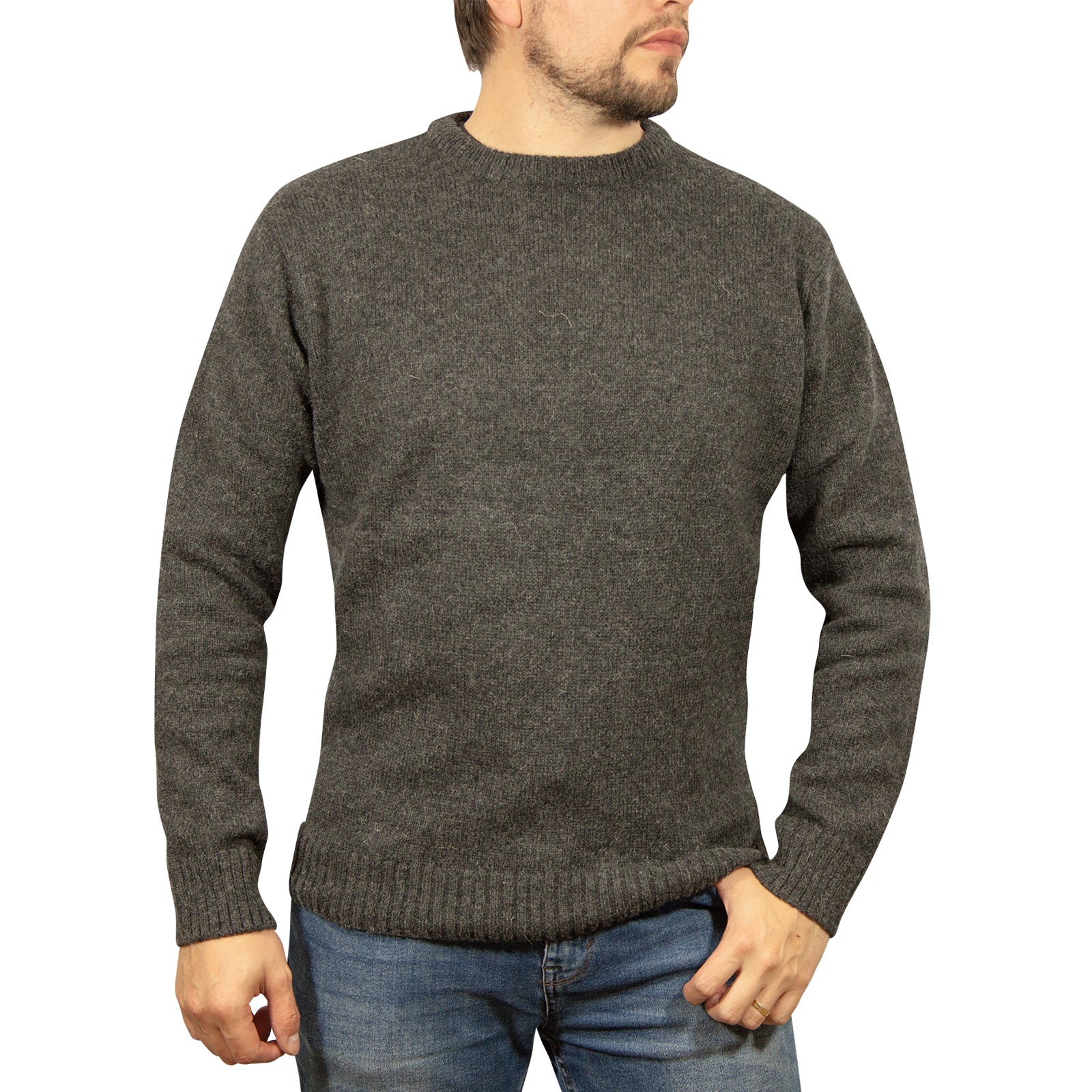 Mens 100% Shetland Ragg Wool Round Neck Knit Jumper Pullover Crew Sweater - Charcoal - XL