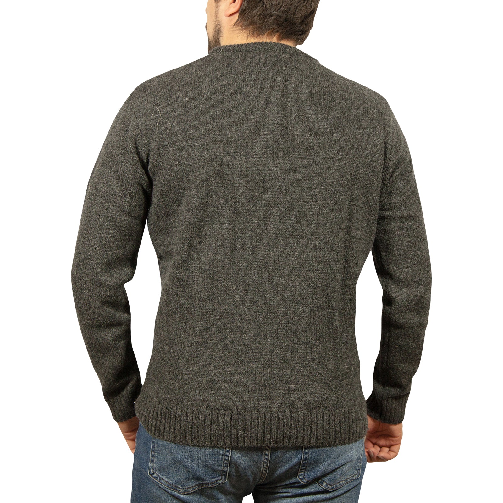 Mens 100% Shetland Ragg Wool Round Neck Knit Jumper Pullover Crew Sweater - Charcoal - XL