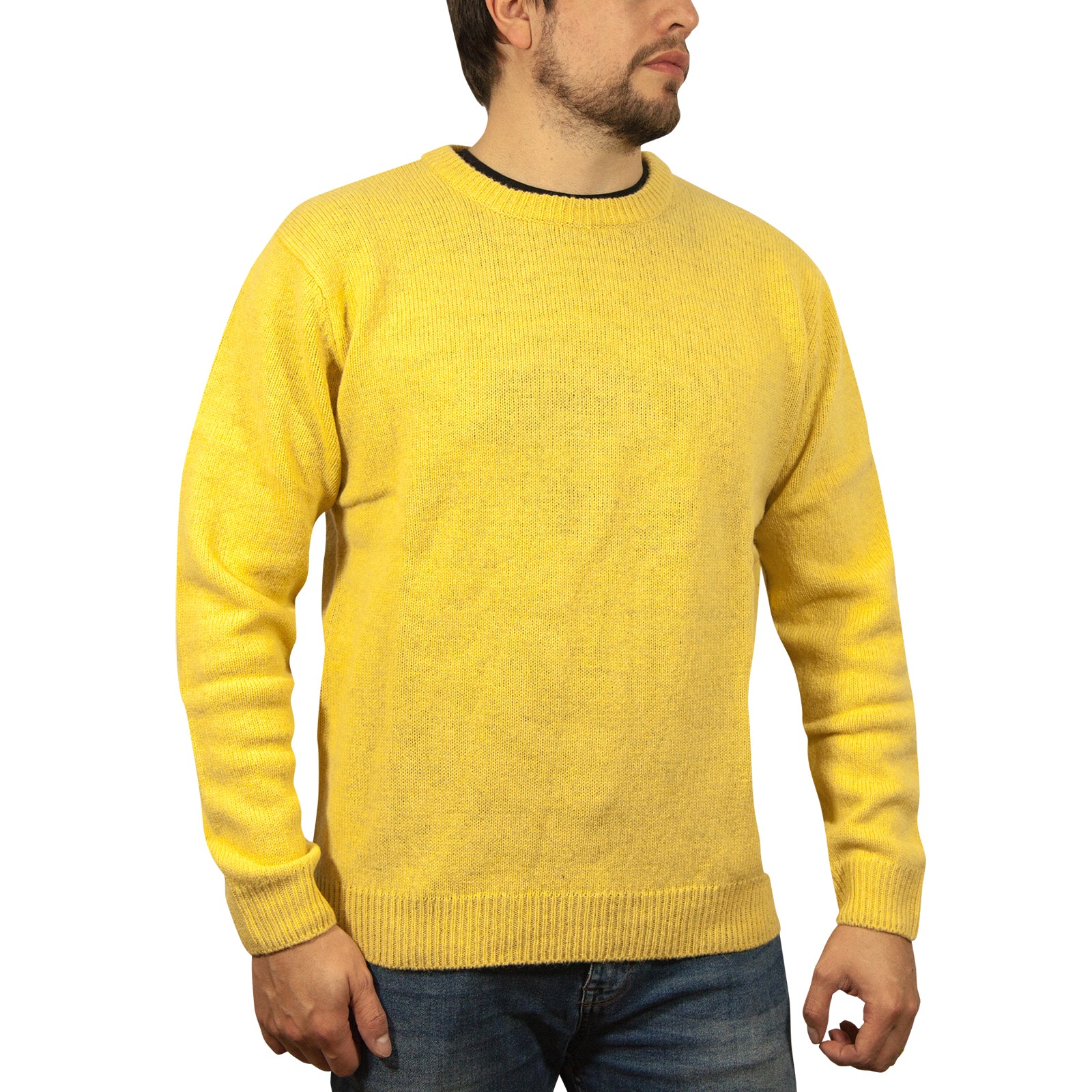 100% SHETLAND RAGG WOOL CREW Round Neck Knit JUMPER Pullover Mens Sweater Knitted - Corn (14) - S V563-SW-CN-CORN14-S
