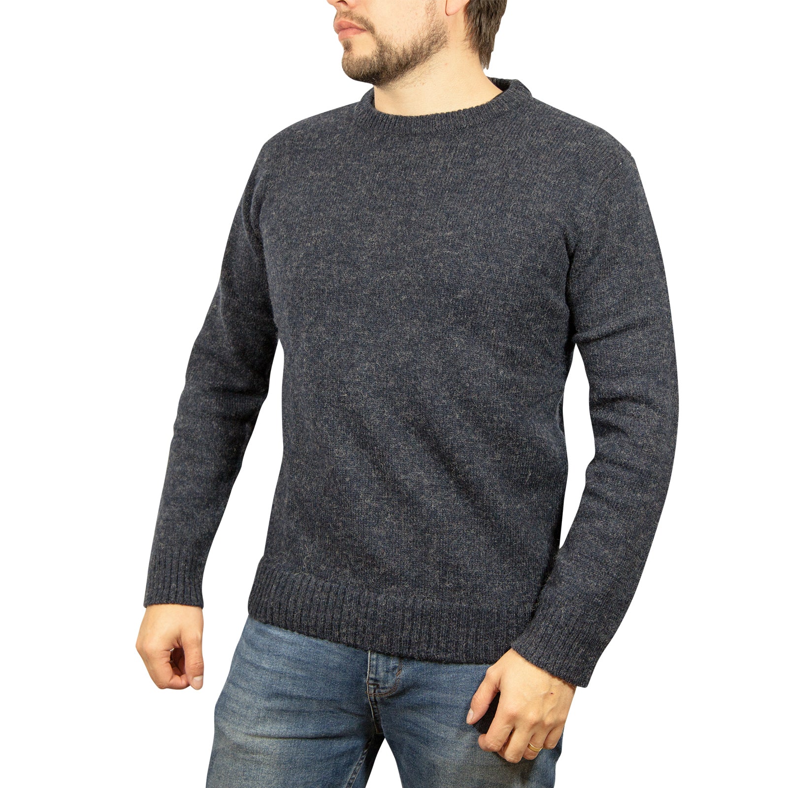 100% SHETLAND RAGG WOOL CREW Round Neck Knit JUMPER Pullover Mens Sweater Knitted - Navy - 3XL