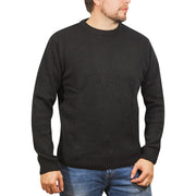 100% SHETLAND RAGG WOOL CREW Round Neck Knit JUMPER Pullover Mens Sweater Knitted - Plain Black - 3XL