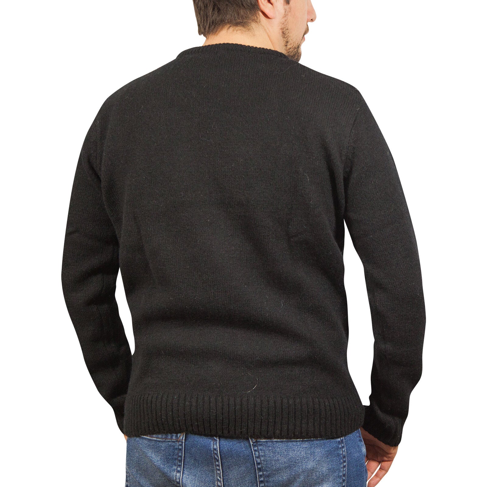 100% SHETLAND RAGG WOOL CREW Round Neck Knit JUMPER Pullover Mens Sweater Knitted - Plain Black - L V563-SW-CN-FBK-99B-L