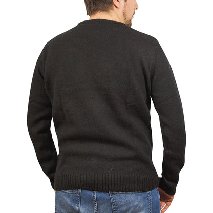 100% SHETLAND RAGG WOOL CREW Round Neck Knit JUMPER Pullover Mens Sweater Knitted - Plain Black - M V563-SW-CN-FBK-99B-M