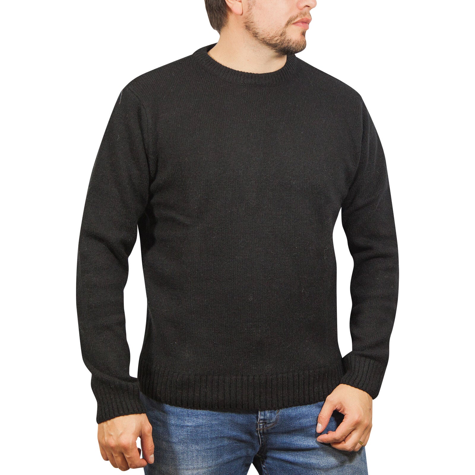 100% SHETLAND RAGG WOOL CREW Round Neck Knit JUMPER Pullover Mens Sweater Knitted - Plain Black - XL