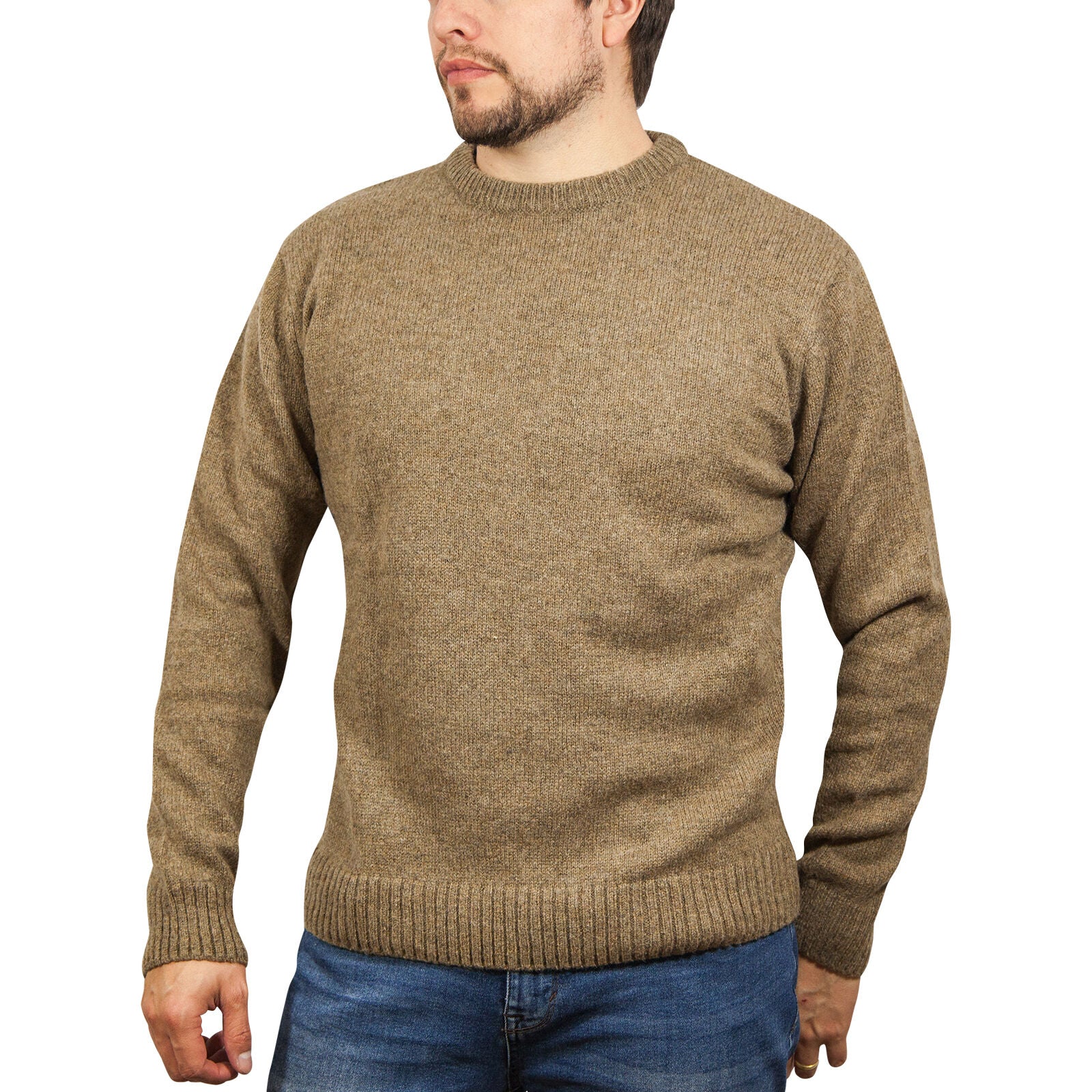 100% SHETLAND RAGG WOOL CREW Round Neck Knit JUMPER Pullover Mens Sweater Knitted - Nutmeg - XL