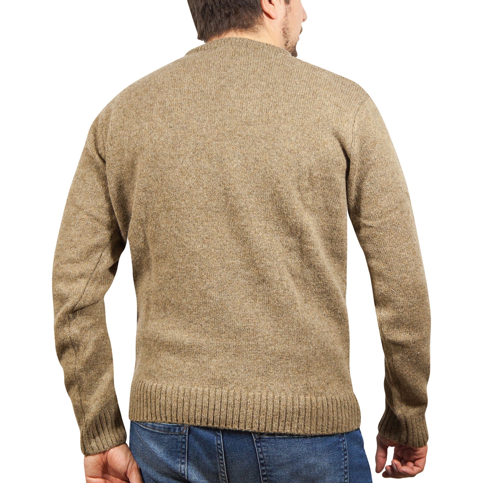 100% SHETLAND RAGG WOOL CREW Round Neck Knit JUMPER Pullover Mens Sweater Knitted - Nutmeg - XXL