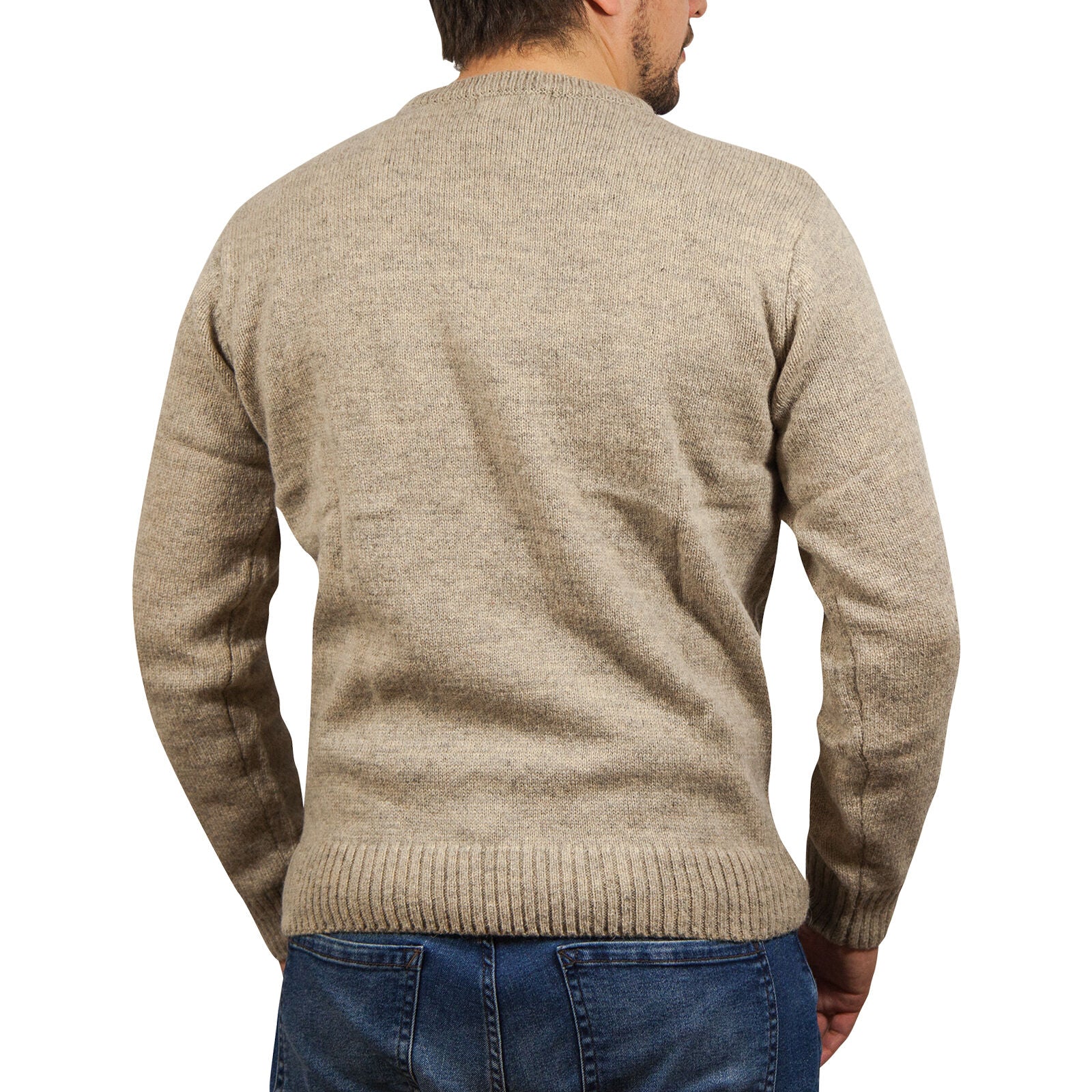 100% SHETLAND RAGG WOOL CREW Round Neck Knit JUMPER Pullover Mens Sweater Knitted - Beige - L V563-SW-CN-OAT03-L
