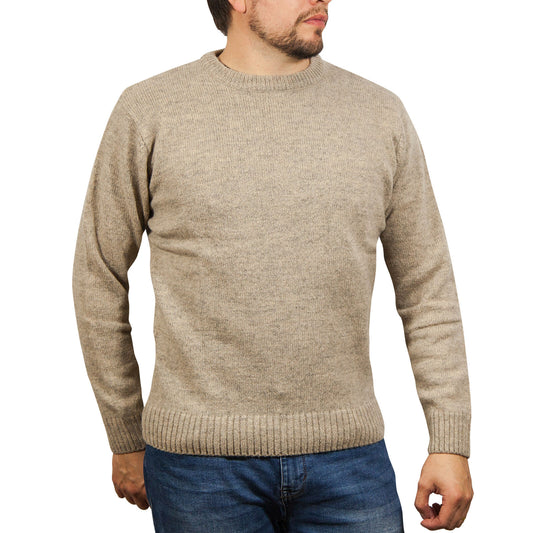 100% SHETLAND RAGG WOOL CREW Round Neck Knit JUMPER Pullover Mens Sweater Knitted - Beige - M V563-SW-CN-OAT03-M