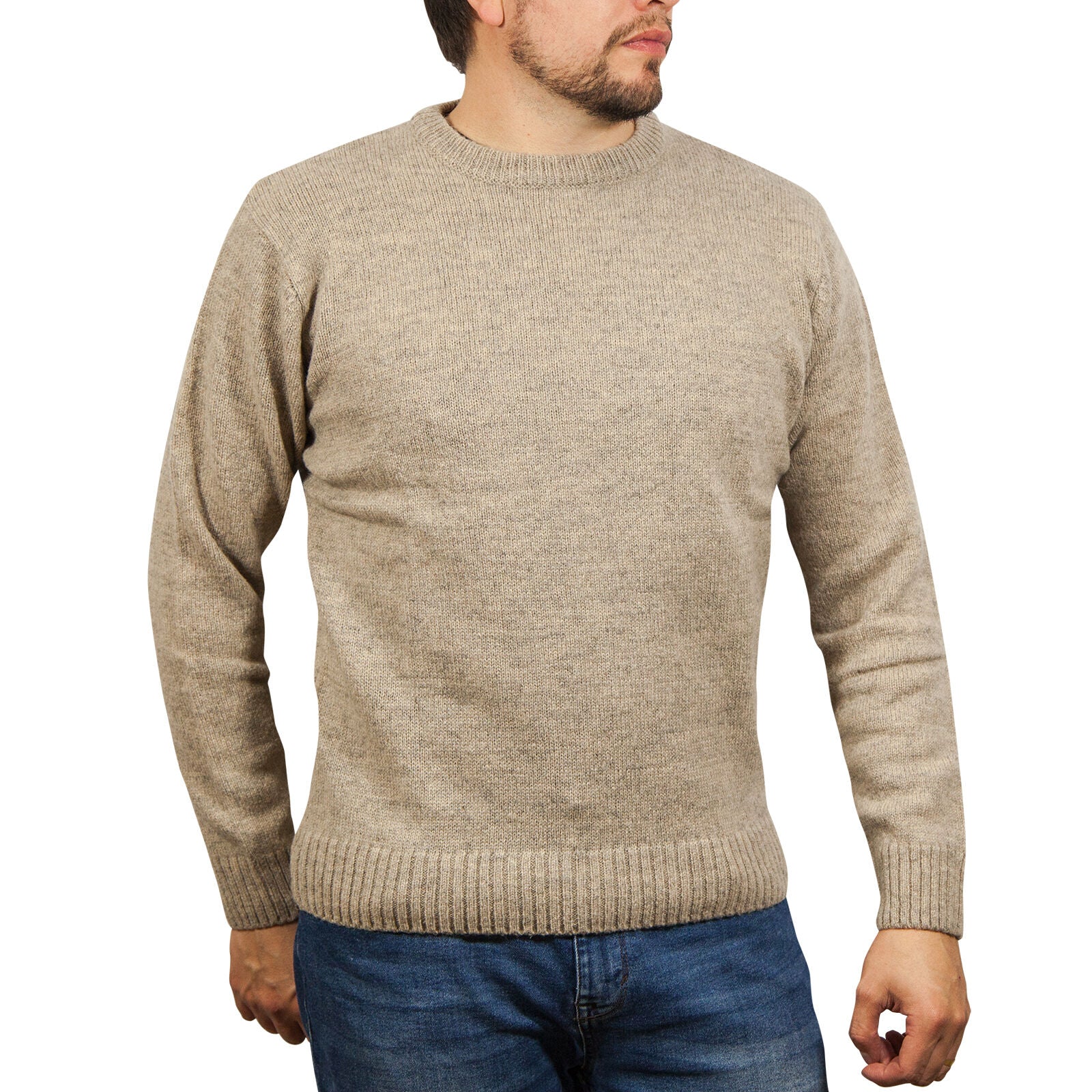 100% SHETLAND RAGG WOOL CREW Round Neck Knit JUMPER Pullover Mens Sweater Knitted - Beige - XXL