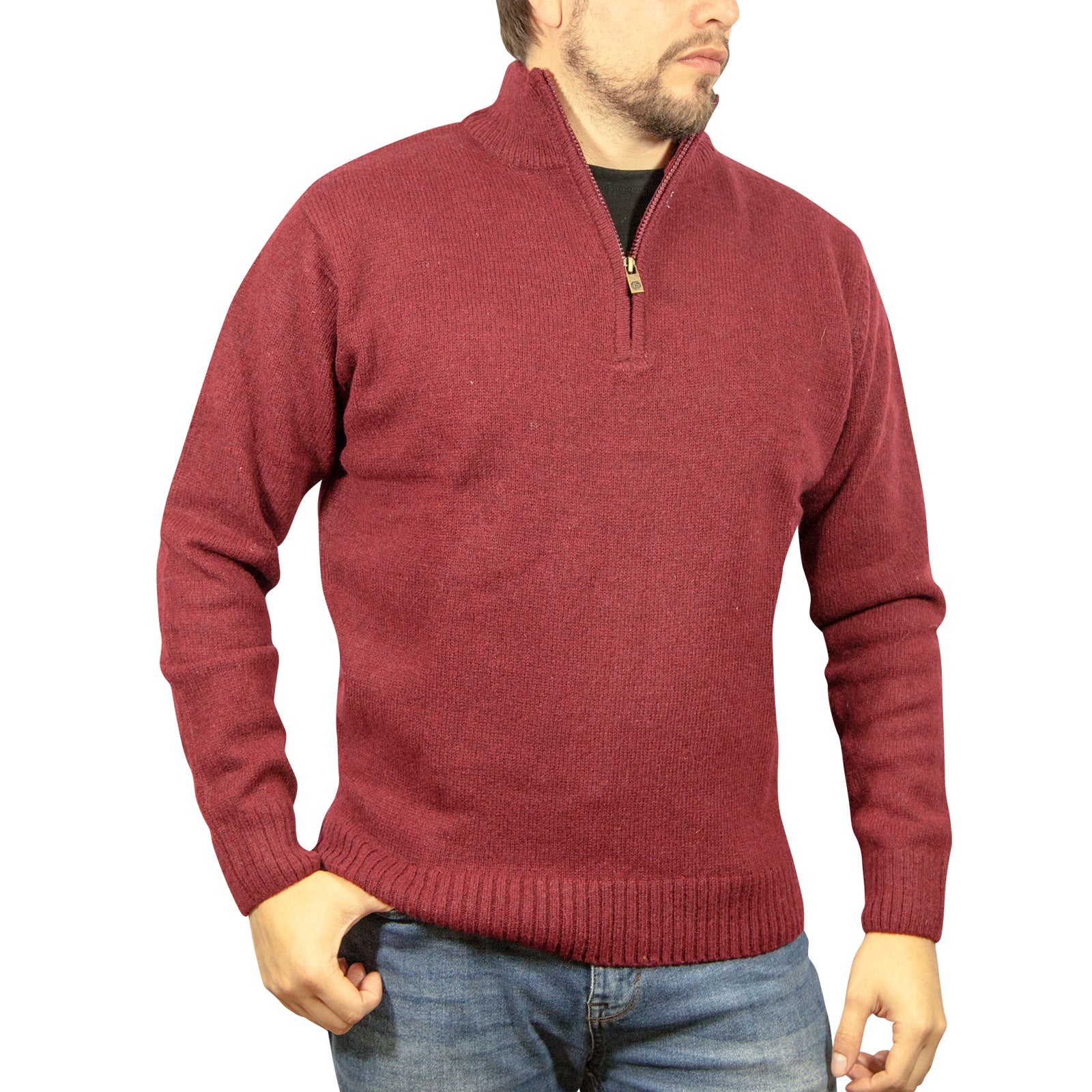 100% SHETLAND RAGG WOOL Half Zip Up Knit JUMPER Pullover Mens Sweater Knitted - Burgundy - M V563-SW-HZ-BRGNDY97-M