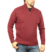 100% SHETLAND RAGG WOOL Half Zip Up Knit JUMPER Pullover Mens Sweater Knitted - Burgundy - XL