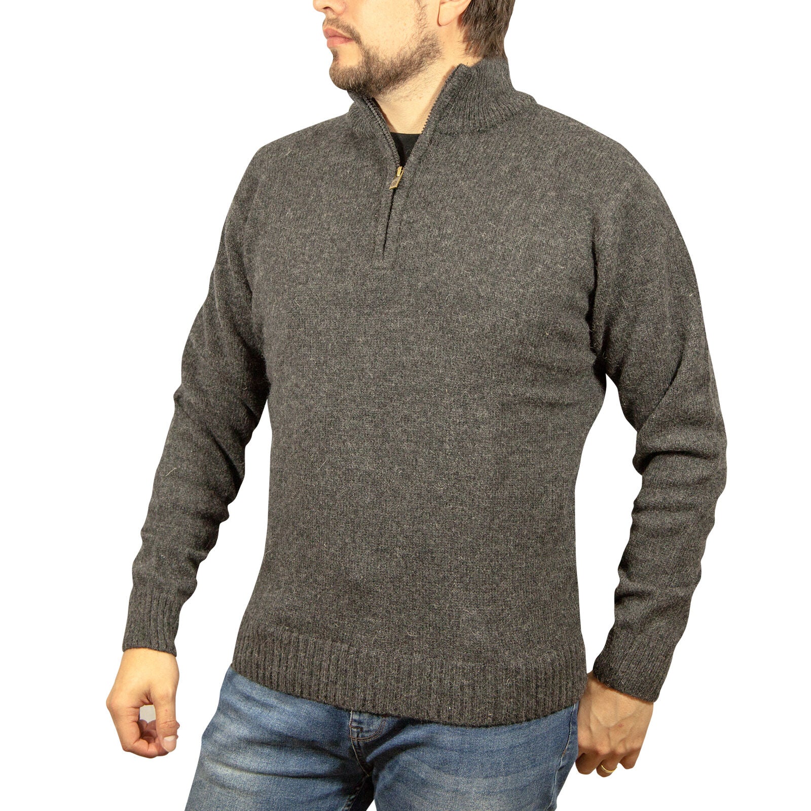 100% SHETLAND RAGG WOOL Half Zip Up Knit JUMPER Pullover Mens Sweater Knitted - Charcoal - L V563-SW-HZ-CHRCL29-L