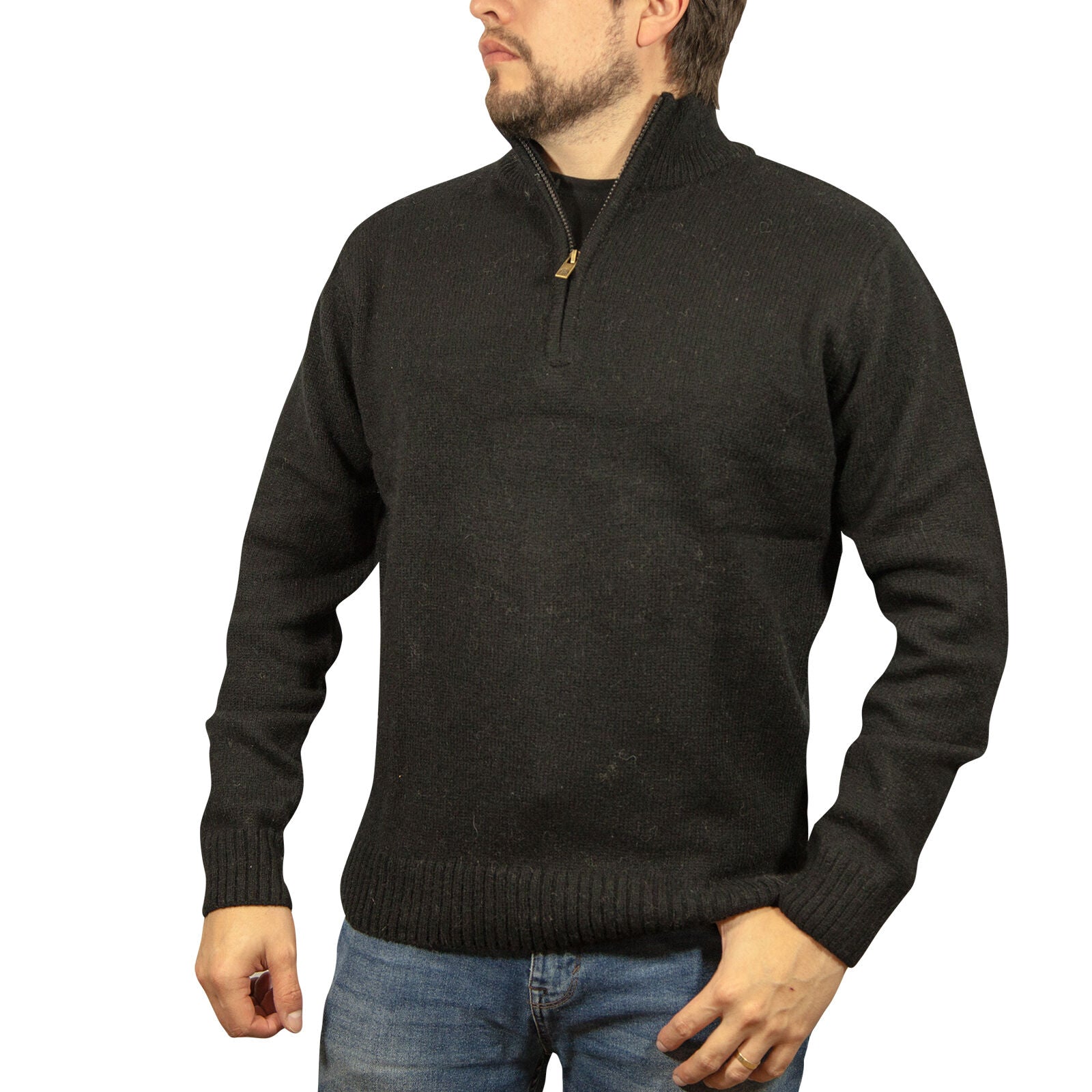 100% SHETLAND RAGG WOOL Half Zip Up Knit JUMPER Pullover Mens Sweater Knitted - Plain Black - 5XL V563-SW-HZ-FBK99B-5XL