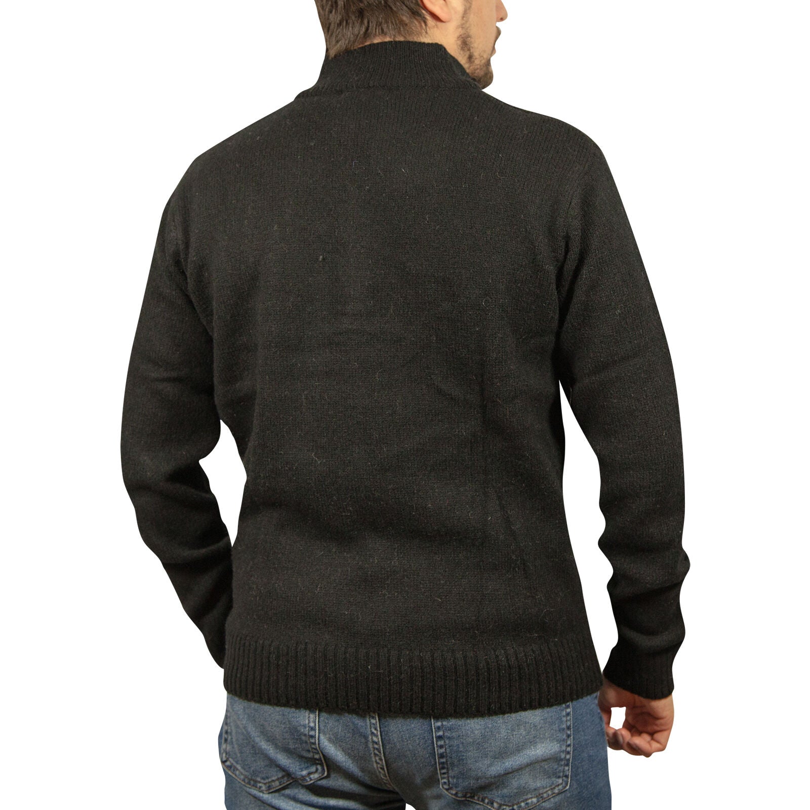 100% SHETLAND RAGG WOOL Half Zip Up Knit JUMPER Pullover Mens Sweater Knitted - Plain Black - L V563-SW-HZ-FBK99B-L