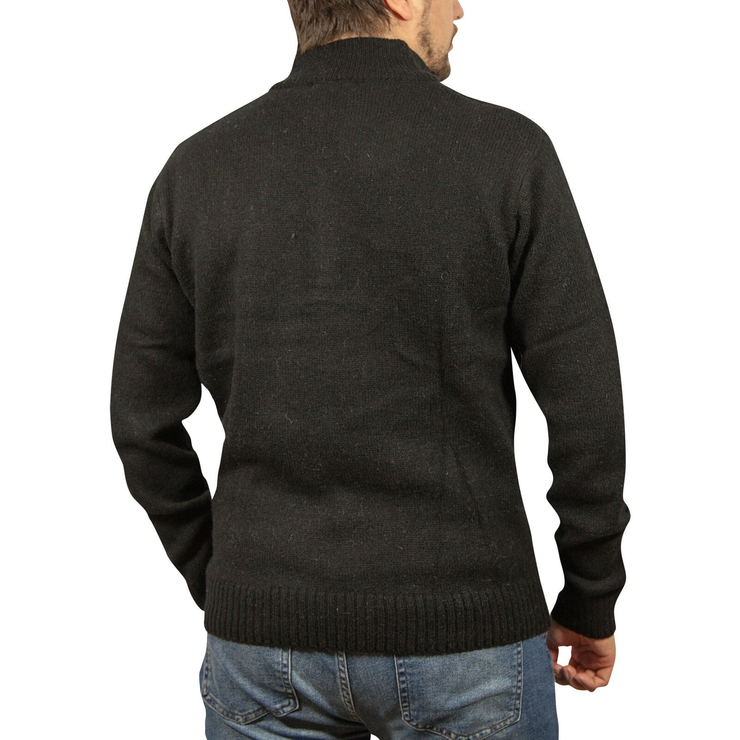 100% SHETLAND RAGG WOOL Half Zip Up Knit JUMPER Pullover Mens Sweater Knitted - Plain Black - M V563-SW-HZ-FBK99B-M