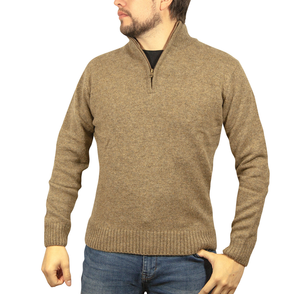 100% SHETLAND RAGG WOOL Half Zip Up Knit JUMPER Pullover Mens Sweater Knitted - Nutmeg - 4XL V563-SW-HZ-NUTMEG23-4XL